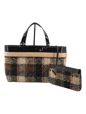 Burberry Tweed Leather-Trim Plaid Tote Bag with Matching Pouch Black & Tan